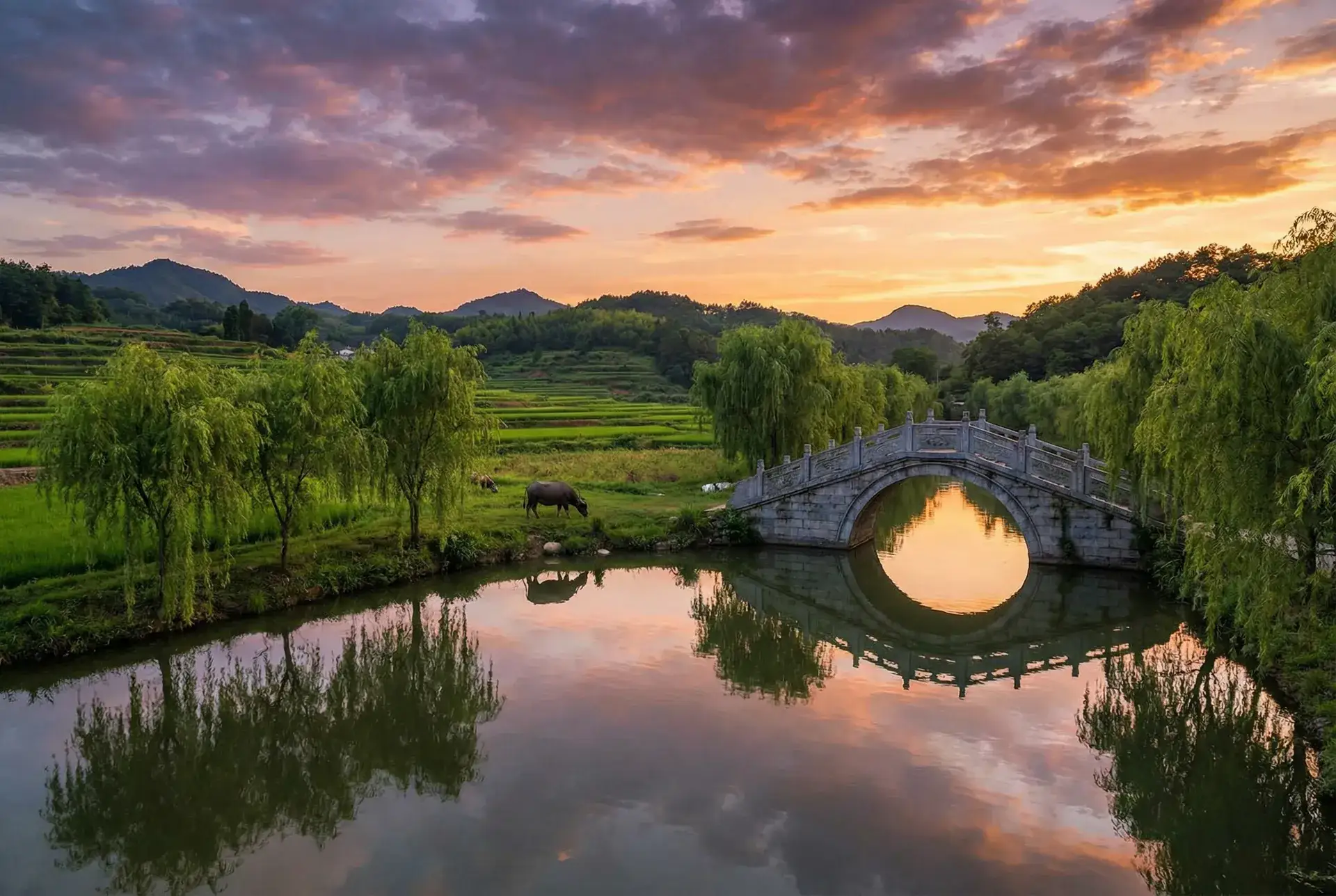 夕阳下的石拱桥与垂柳，水牛在河边吃草 - 佳能eos 500d 乡村美景